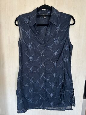Navy Embroidered Eyelet 100% Cotton Sleeveless Mini Blouse Dress Size 10